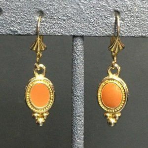 Pierced Dangle Earrings Latch Hook Orange Terra-Cotta Enamel Oval Retro BoHo